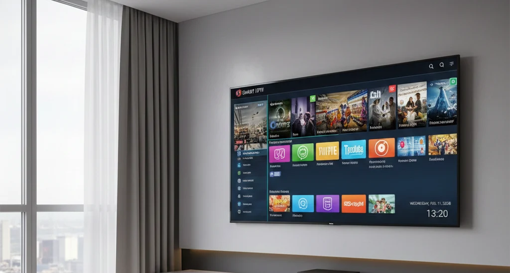 Interface utilisateur de l'application Smart IPTV affichée sur un grand écran de télévision dans un salon moderne et lumineux, illustrant la facilité d'accès aux services de streaming.