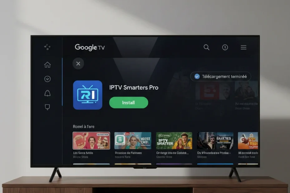 Interface do Google TV exibindo a página de instalação do aplicativo IPTV Smarters Pro na Play Store com botão instalar em destaque.