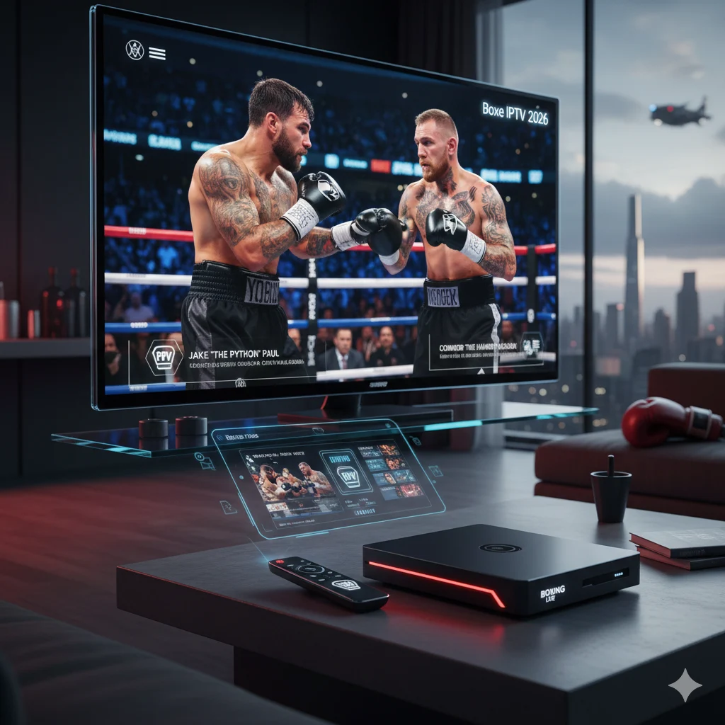 Boxe IPTV: guia completo para escolher a melhor em 2026 2 Uma Android TV Box moderna em uma mesa de centro exibindo uma luta de boxe em alta definição em uma smart TV, representando a melhor tecnologia de Boxe IPTV em 2026