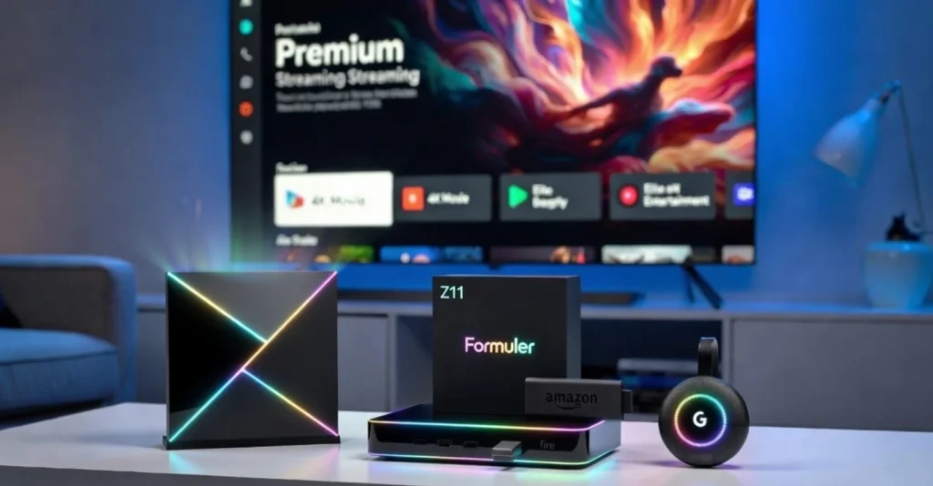 Boxe IPTV: guia completo para escolher a melhor em 2026 3 Comparativo das melhores boxes IPTV de 2026: Nvidia Shield TV Pro, Formuler, Google Chromecast e Amazon Fire TV Stick numa sala de estar moderna.