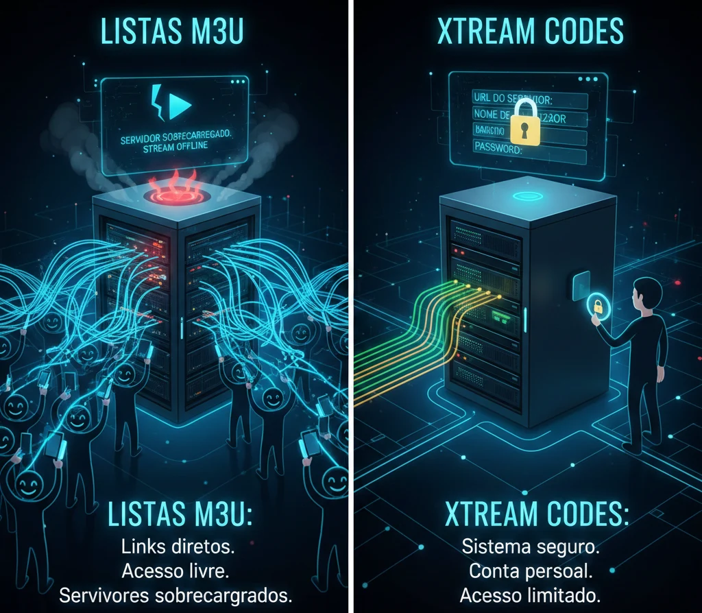 Infografia comparativa entre o código IPTV no formato lista M3U com servidores sobrecarregados e Xtream Codes com acesso seguro e limitado