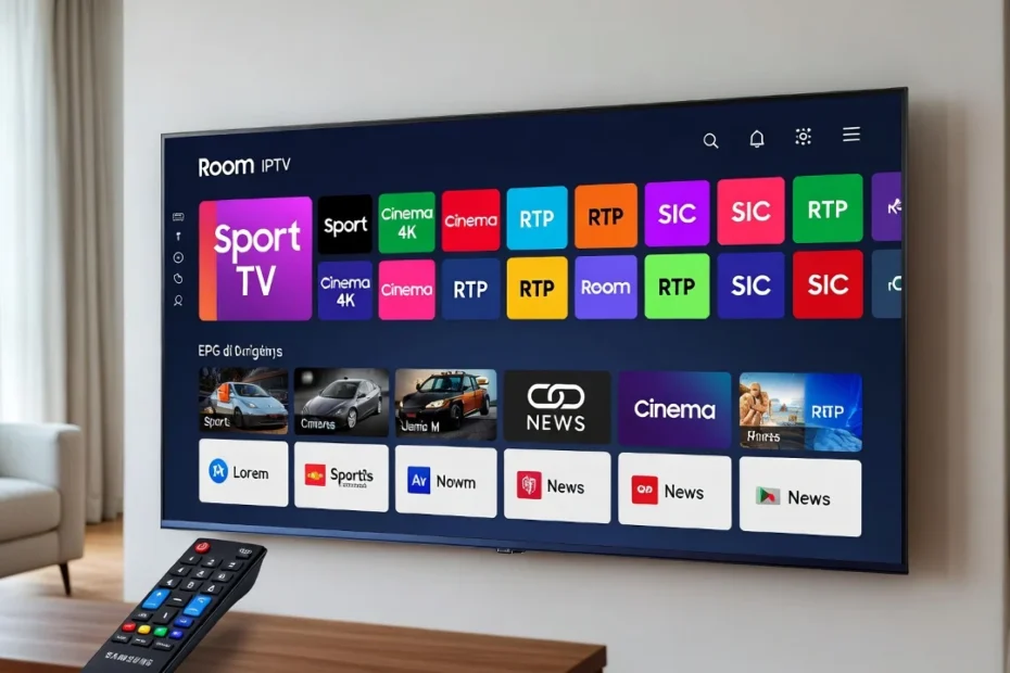 Interface do Room IPTV numa Samsung Smart TV com guia EPG
